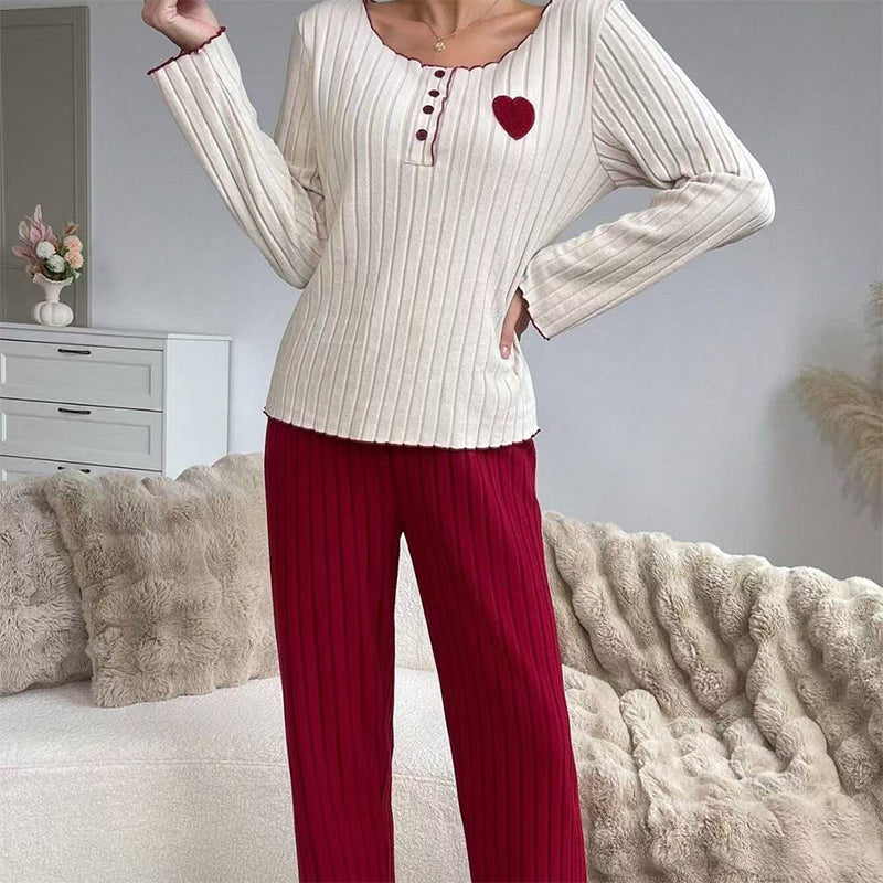 📢🎉50 % rabatt!!!🛍️✨Pyjamas-set med ribbad tröja för damer med hjärtbroderi✨3% rabattkod: NOR3