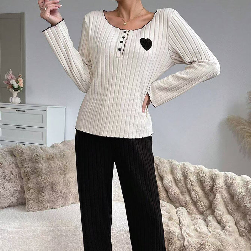 📢🎉50 % rabatt!!!🛍️✨Pyjamas-set med ribbad tröja för damer med hjärtbroderi✨3% rabattkod: NOR3