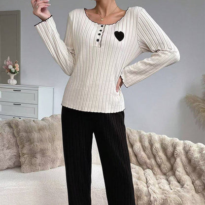 📢🎉50 % rabatt!!!🛍️✨Pyjamas-set med ribbad tröja för damer med hjärtbroderi✨3% rabattkod: NOR3