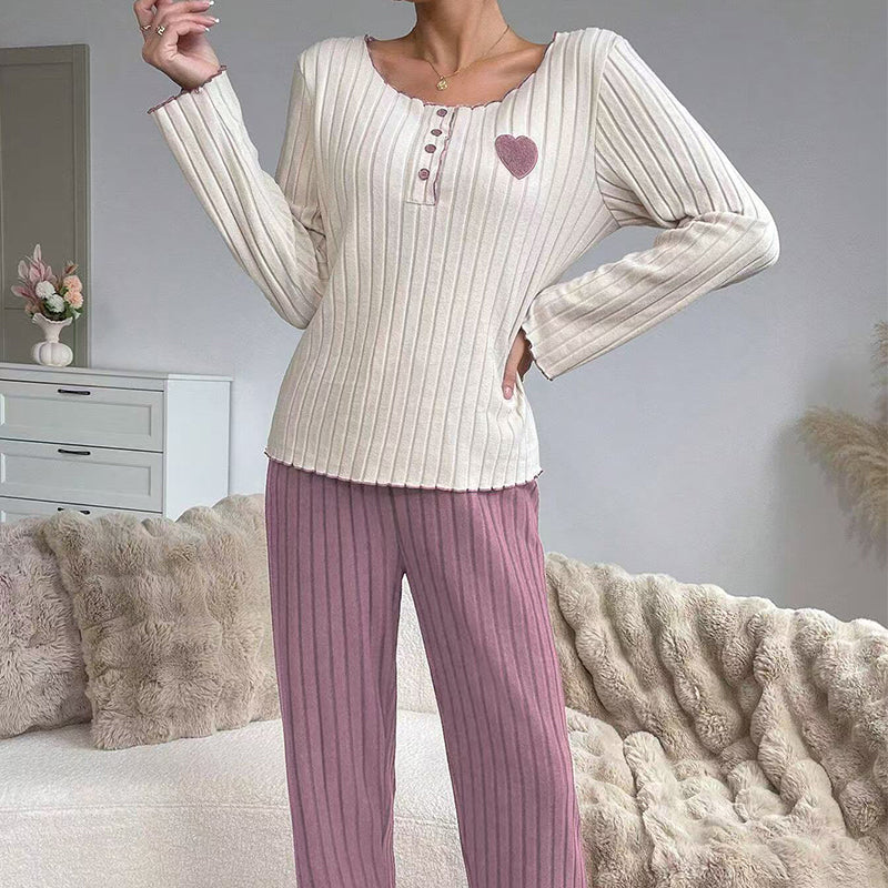 📢🎉50 % rabatt!!!🛍️✨Pyjamas-set med ribbad tröja för damer med hjärtbroderi✨3% rabattkod: NOR3