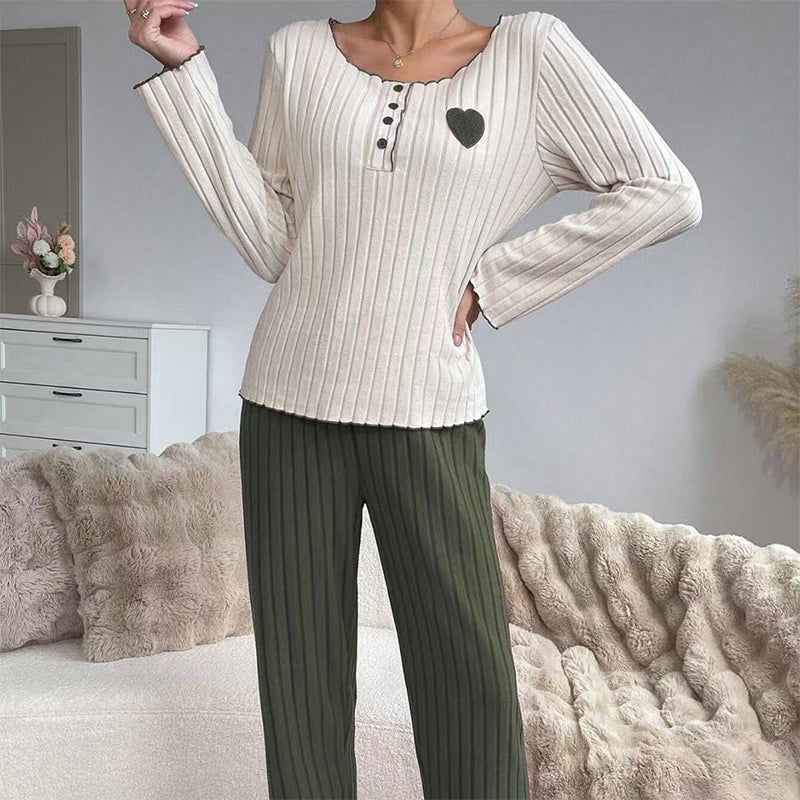 📢🎉50 % rabatt!!!🛍️✨Pyjamas-set med ribbad tröja för damer med hjärtbroderi✨3% rabattkod: NOR3