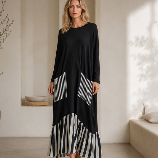 ✨Randig patchwork maxiklänning med lång ärm för damer✨3% rabattkod: NOR3