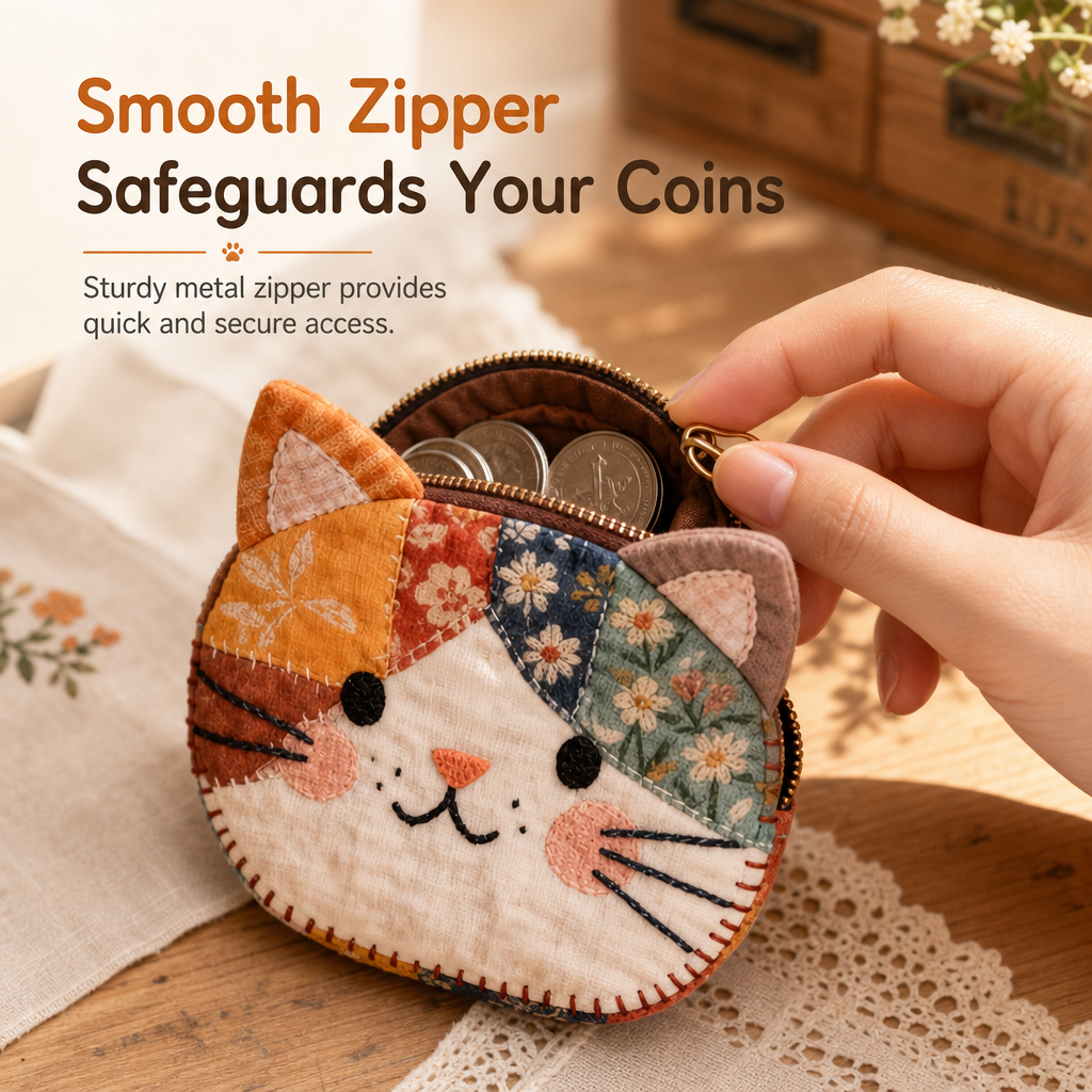 🎁Julrean Het Försäljning 50% RABATT🐱Söt lapptäckskatt-myntpung, handgjord tygkattunge-minipung, portabel kortficka för flickor✨3% rabattkod: NOR3